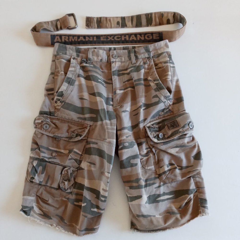 Armani Exchange Camo Cargo Shorts with spell out Belt size 29